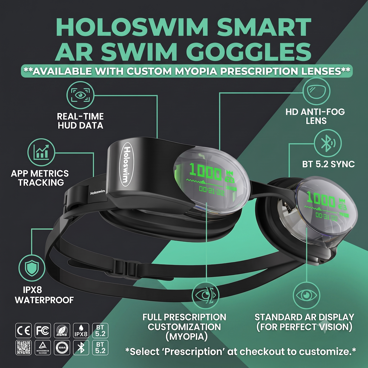 Holoswim 2 Pro AR Smart Swim Goggles | Prescription Myopia Lens Friendly | AI Data Tracking & Waterproof Fitness Goggles