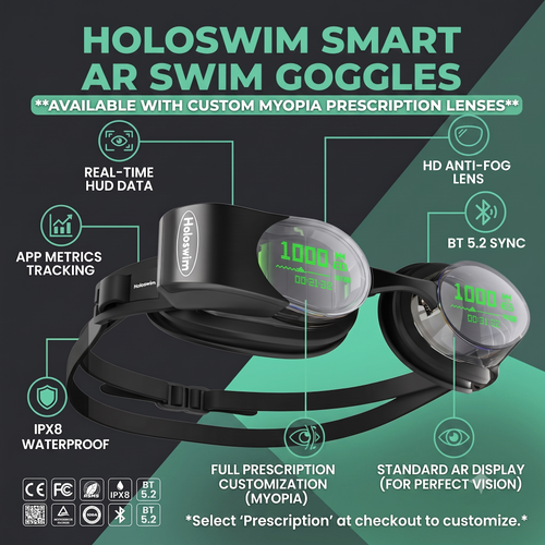 Holoswim 2 Pro AR Smart Swim Goggles | Prescription Myopia Lens Friendly | AI Data Tracking & Waterproof Fitness Goggles